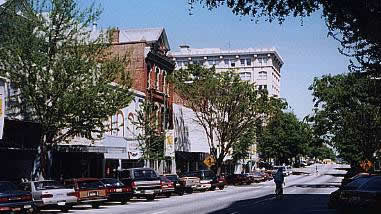 A view of buildings and trees in downtown Athens GA